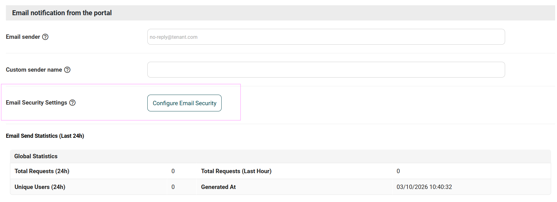 Access to Email Security Settings from the Environment Configuration panel