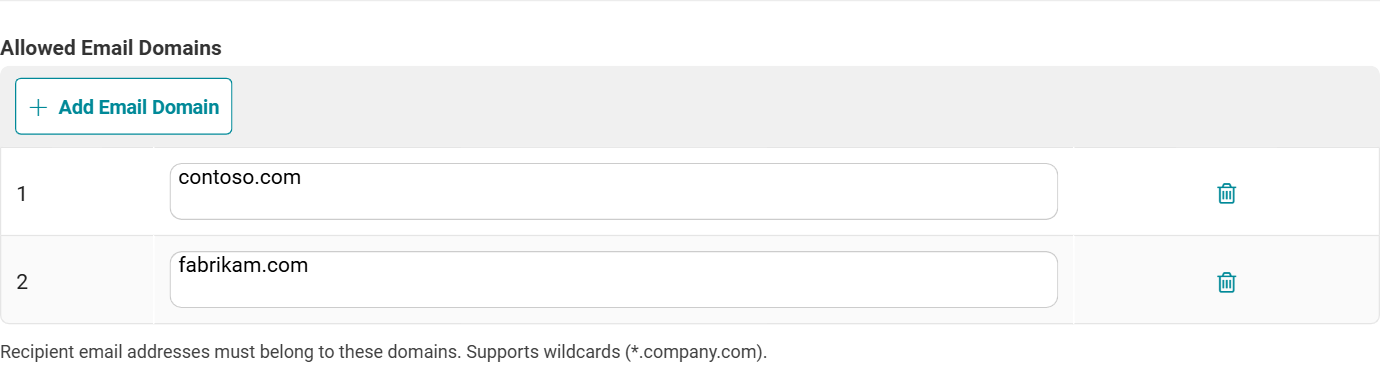 Field type:List of domains; Default:Empty (all domains allowed); Wildcards	Supported (e.g. *.company.com)